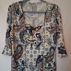 Another Reason Paisley V-Neck Women's Top in Cream and Navy